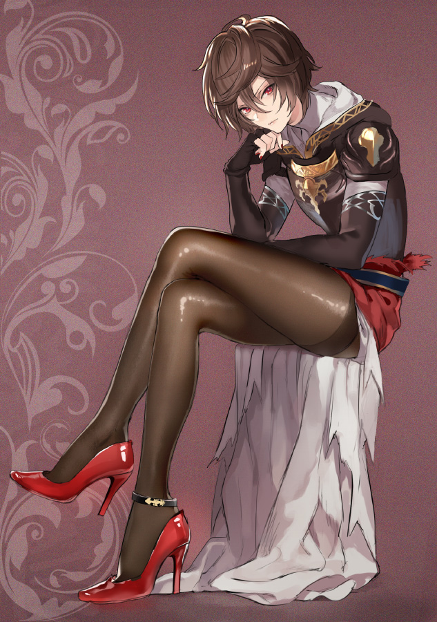 10s, 1boy, anklet, armor, black_pantyhose, brown_hair, crossdressing, crossdressing_(mtf)