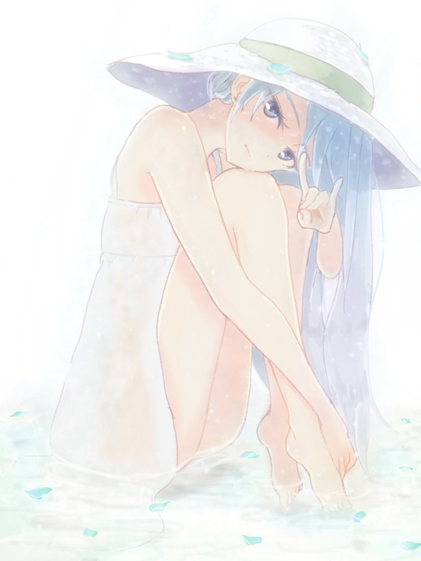 1girl, \n/, backlighting, barefoot, blue_eyes, casual, closed_mouth, commentary