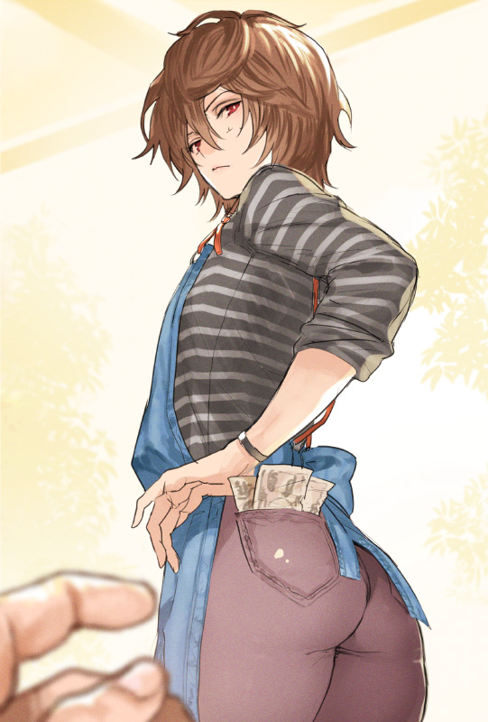 10s, 1boy, alternate_costume, apron, ass, banknote, brown_hair, denim