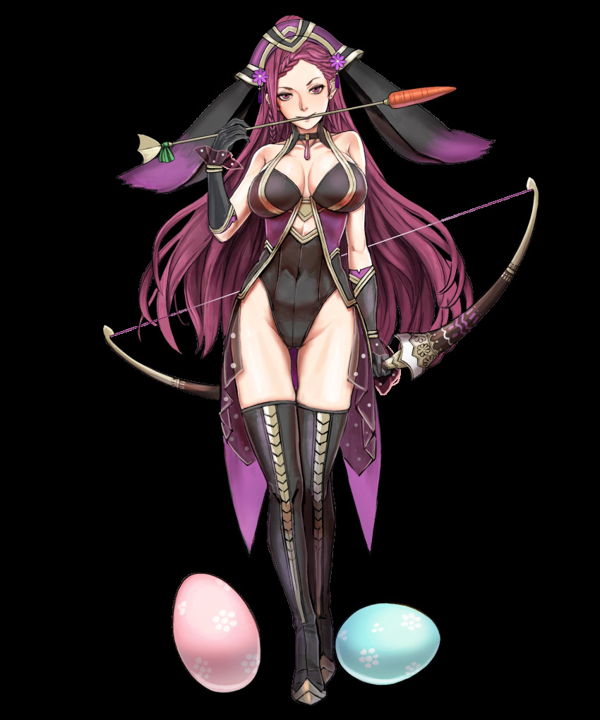 1girl, animal_ears, arrow_(projectile), bare_shoulders, black_gloves, black_leotard, black_thighhighs, boots