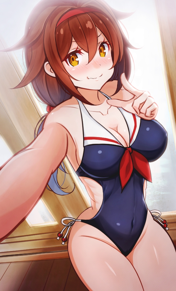 1girl, adapted_costume, black_one-piece_swimsuit, breasts, brown_eyes, brown_hair, cameltoe, casual_one-piece_swimsuit