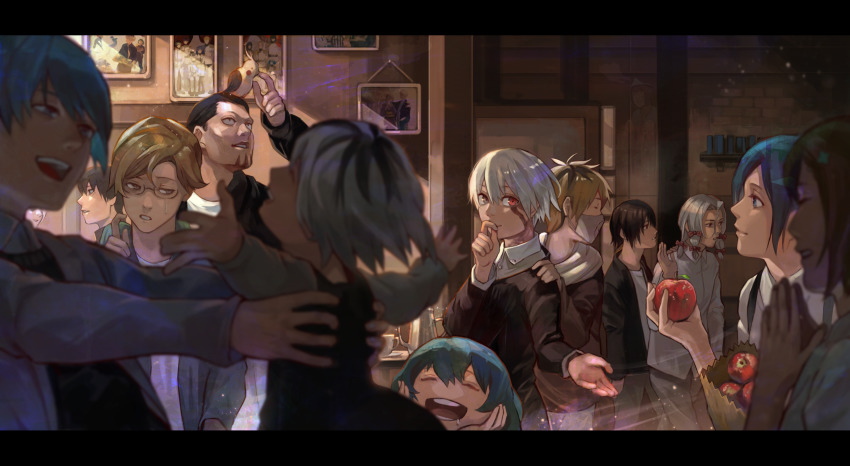 4girls, 6+boys, absurdres, animal, anti-eyebrow_piercing, apple, banjou_kazuichi, beard