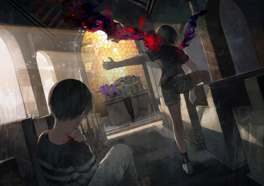2boys, 2girls, absurdres, bare_arms, black_hair, black_legwear, black_shirt, blood, blue_hair, church, from_behind, glowing, grey_footwear, highres, huge_filesize, indoors, kagune_(tokyo_ghoul), kaneki_ken, kirishima_touka, kyuuba_melo, long_sleeves, looking_at_another, lying, multiple_boys, multiple_girls, necktie, nishino_kimi, shirt, short_hair, short_shorts, short_sleeves, shorts, sitting, socks, standing, sweater, tokyo_ghoul, tsukiyama_shuu, white_shirt