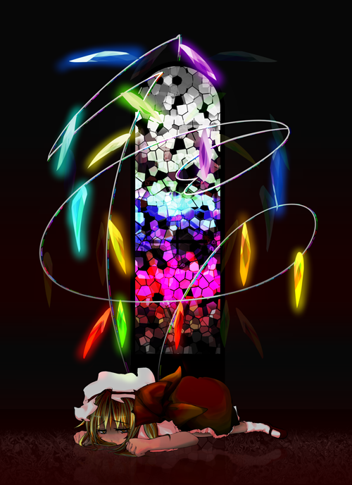 1girl, black_shoes, blush, crystal, dark_background, dress, female_focus, flandre_scarlet