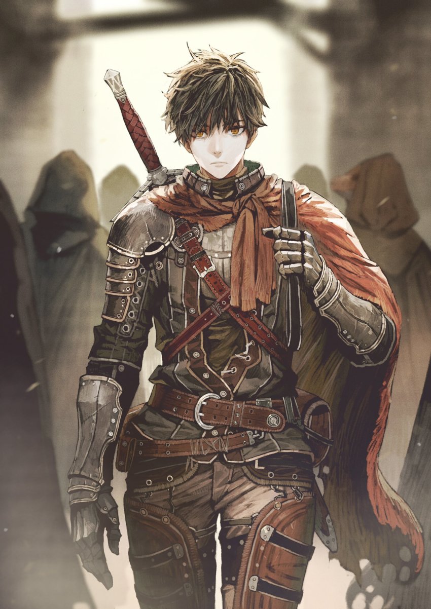1boy, 6+others, armor, black_hair, brown_theme, cowboy_shot, fantasy, gauntlets, harten_sieg_filbrio, highres, holding, holding_behind_back, holding_sword, holding_sword_behind_back, holding_weapon, holding_weapon_behind_back, jun_(navigavi), leather_armor, looking_at_viewer, male_focus, multiple_others, original, pauldrons, shoulder_armor, solo_focus, sword, weapon, yellow_eyes