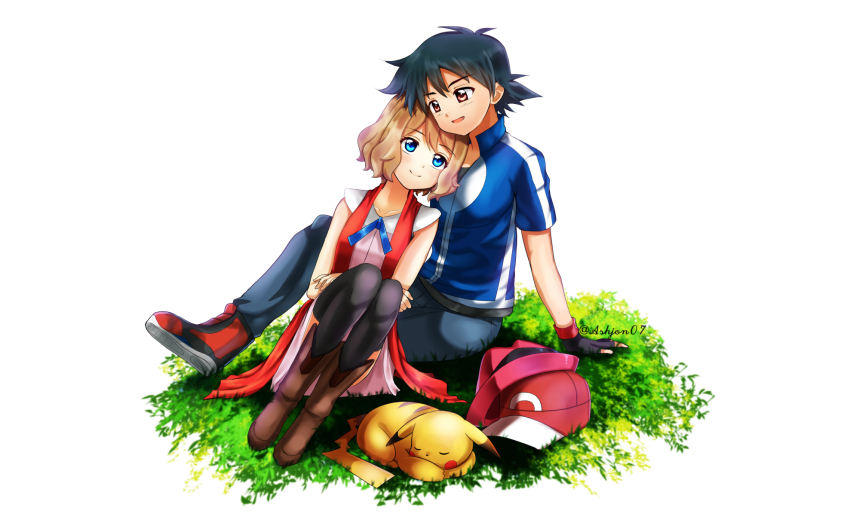 animal, ash_ketchum, ashujou, black_hair, black_legwear, blue_eyes, brown_eyes, brown_hair
