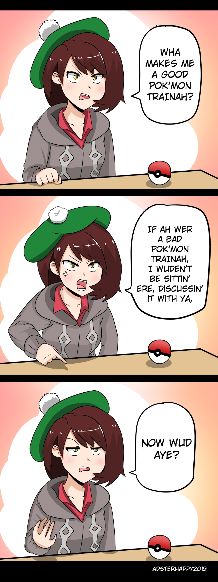 1girl, absurdres, adster, anger_vein, angry, beret, brown_eyes, brown_hair, eyebrows, female_focus, gloria_(pokemon), hat, highres, matching_hair/eyes, nintendo, open_mouth, poke_ball, pokemon, pokemon_sword_and_shield, shirt, short_hair, sitting, solo, sweater, text_focus