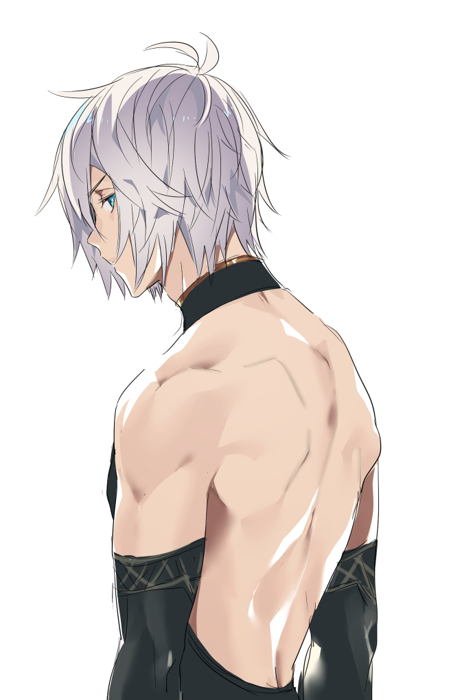 1boy, back, backless_outfit, blue_eyes, elbow_gloves, gloves, granblue_fantasy, looking_back