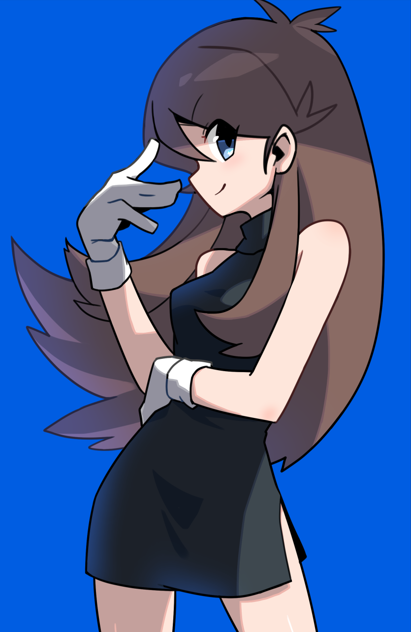 1girl, arm_up, bare_shoulders, black_dress, blue_background, blue_eyes, breasts, brown_eyes, brown_hair, closed_mouth, commentary_request, cowboy_shot, dress, eyebrows, eyes_visible_through_hair, female_focus, gloves, green_(pokemon), hair_between_eyes, hand_on_own_stomach, highres, legs, long_hair, looking_at_viewer, mei_mu, nintendo, missing_headwear, pokemon, pokemon_adventures, short_dress, sidelocks, simple_background, sleeveless, sleeveless_dress, small_breasts, smile, solo, standing, very_long_hair, white_gloves