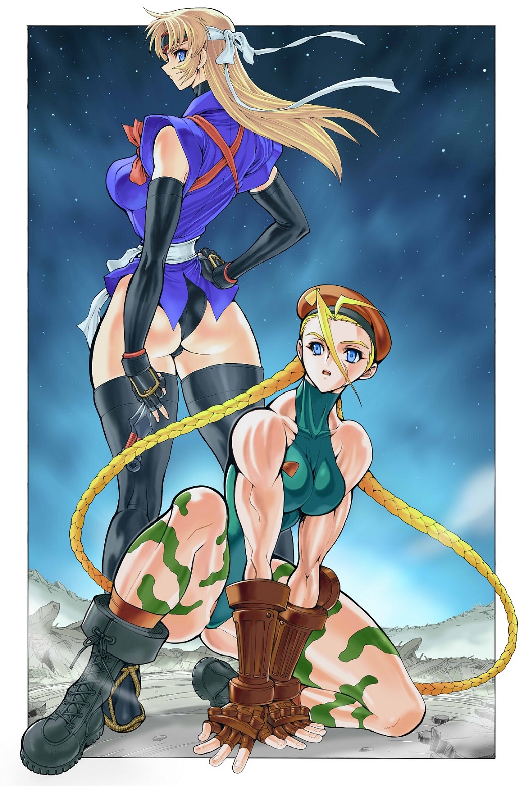 2girls, ahoge, ass, back-to-back, belt, beret, between_fingers, black_footwear, black_gloves, black_legwear, blonde_hair, blue_eyes, boots, bracer, braid, brown_footwear, brown_gloves, cammy_white, camouflage, collarbone, combat_boots, commentary_request, crossover, elbow_gloves, fingerless_gloves, gloves, hair_between_eyes, hand_on_own_hip, hat, headband, highres, holding, huge_ahoge, impossible_clothes, impossible_leotard, japanese_clothes, kunai, leotard, logan0241, long_hair, martial_champion, multiple_girls, narrow_waist, night, ninja, on_one_knee, racheal, retro_artstyle, scar, sky, sleeveless, socks, standing, star_(sky), starry_sky, street_fighter, thick_thighs, thighhighs, thighs, twin_braids, very_long_hair, weapon