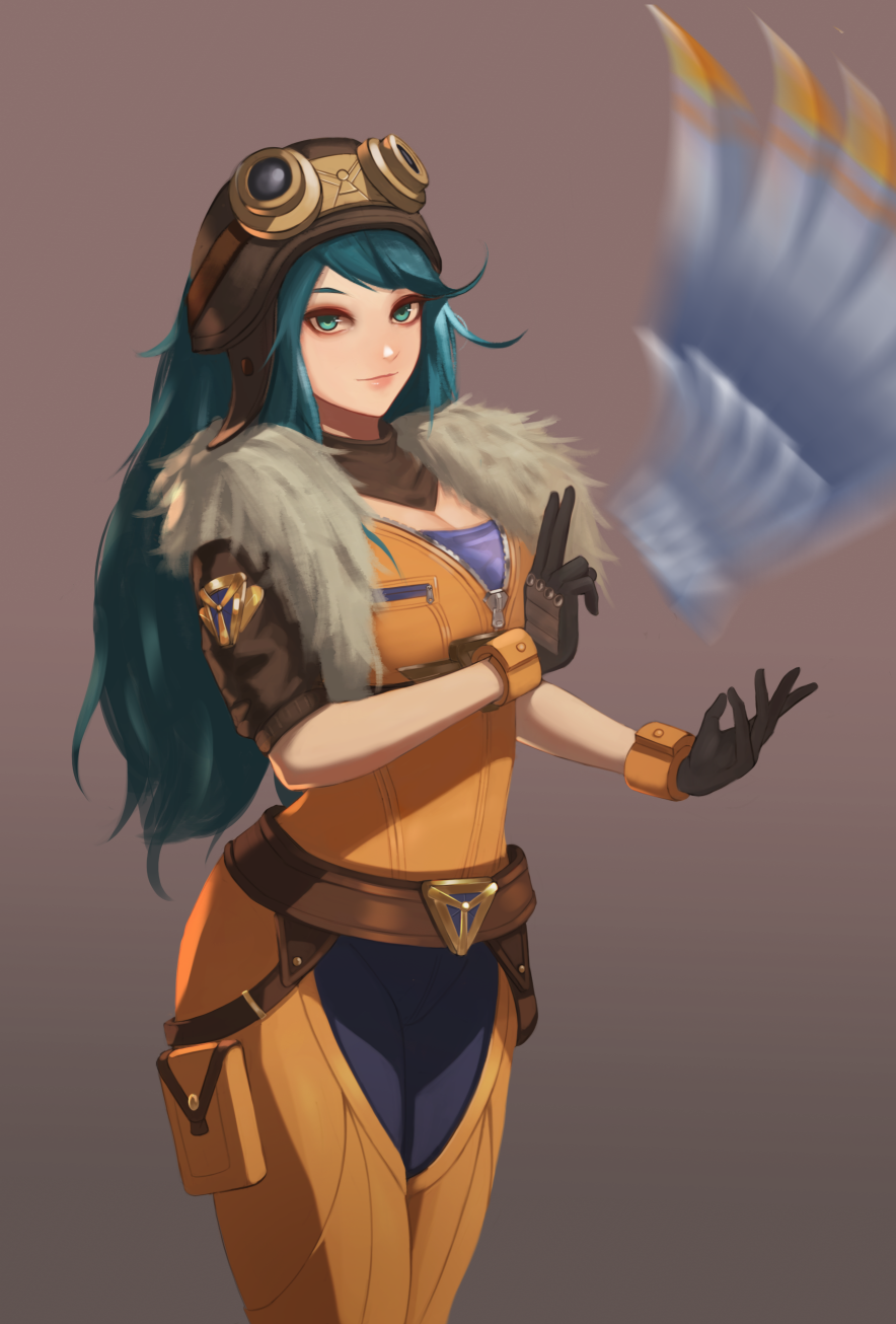 1girl, alternate_costume, aqua_eyes, aqua_hair, arc2urus, aviator_cap, aviator_irelia, belt