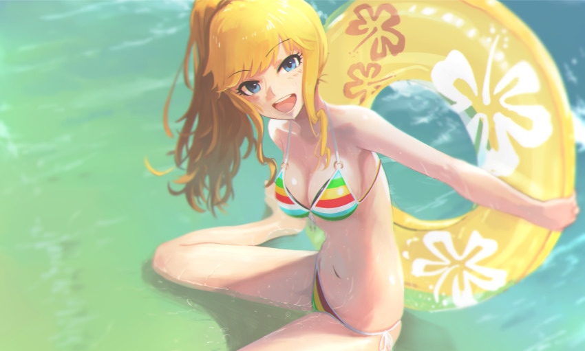 1girl, :d, bad_id, bad_pixiv_id, bikini, blonde_hair, blue_eyes, breasts