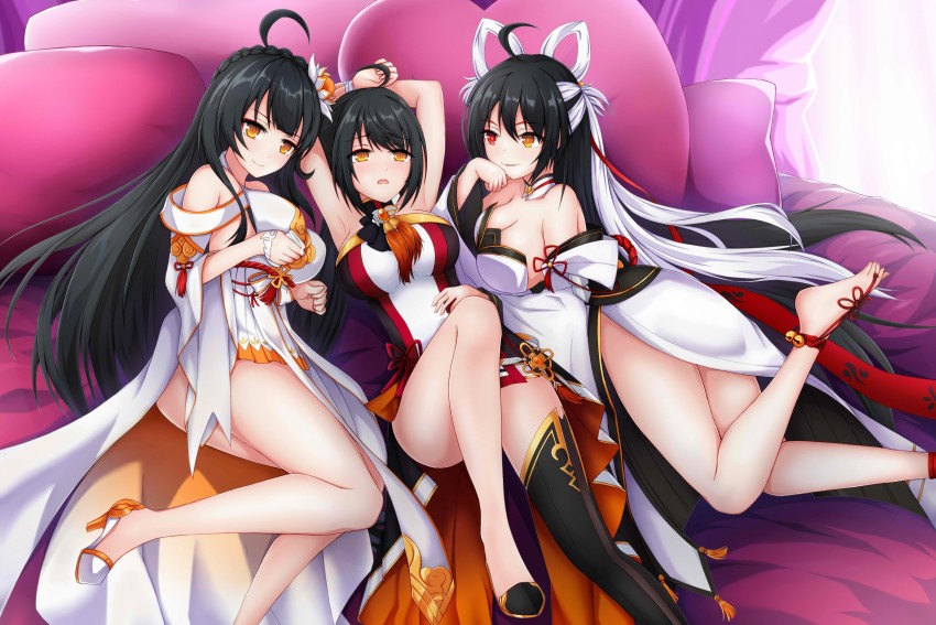 3girls, absurdres, apsara_(elsword), ara_haan, ara_han, armpits, bed, blush