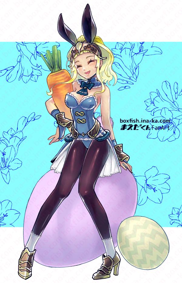 1girl, adapted_costume, animal_ears, black_pantyhose, blonde_hair, breasts, carrot, clair_(fire_emblem), cleavage, closed_eyes, easter_egg, egg, fake_animal_ears, female_focus, fire_emblem, fire_emblem_echoes:_shadows_of_valentia, fire_emblem_heroes, full_body, helmet, high_heels, holding, long_hair, maedakun, medium_breasts, nintendo, open_mouth, pantyhose, ponytail, rabbit_ears, sitting, solo