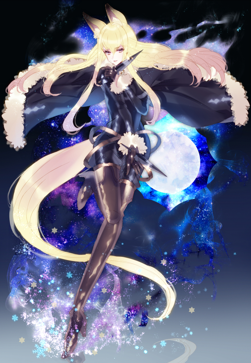 1girl, animal_ears, black_background, black_boots, black_cape, blonde_hair, boots, brown_boots