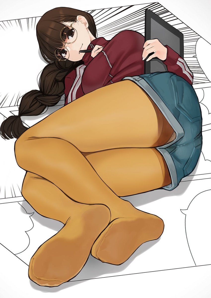1girl, braid, braided_ponytail, breasts, brown-framed_eyewear, brown_eyes, brown_hair, closed_mouth, coke-bottle_glasses, commentary_request, denim, denim_shorts, drawing_tablet, feet, female_focus, full_body, glasses, hand_on_own_chest, highres, holding, holding_drawing_tablet, holding_pen, jacket, long_hair, long_sleeves, looking_at_viewer, lying, medium_breasts, no_shoes, on_side, original, pantyhose, pen, red_jacket, round_eyewear, shadow, shorts, single_braid, soles, solo, track_jacket, yellow_neckwear, yellow_pantyhose, yomu_(sgt_epper), zipper