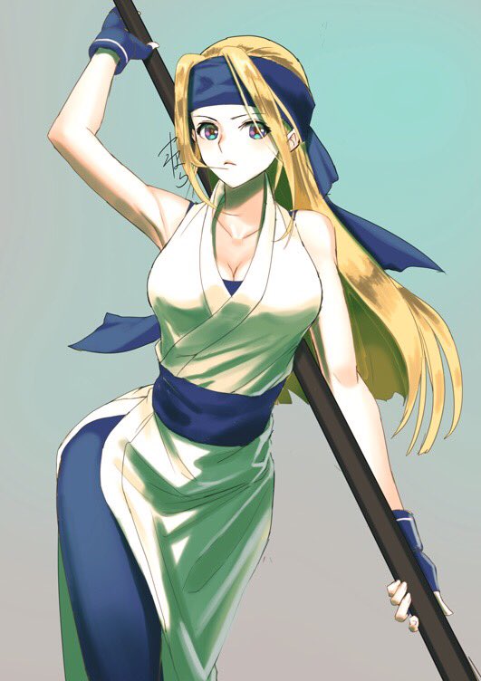 1girl, artist_request, bakumatsu_rouman, blonde_hair, blue_eyes, breasts, cleavage, japanese_clothes