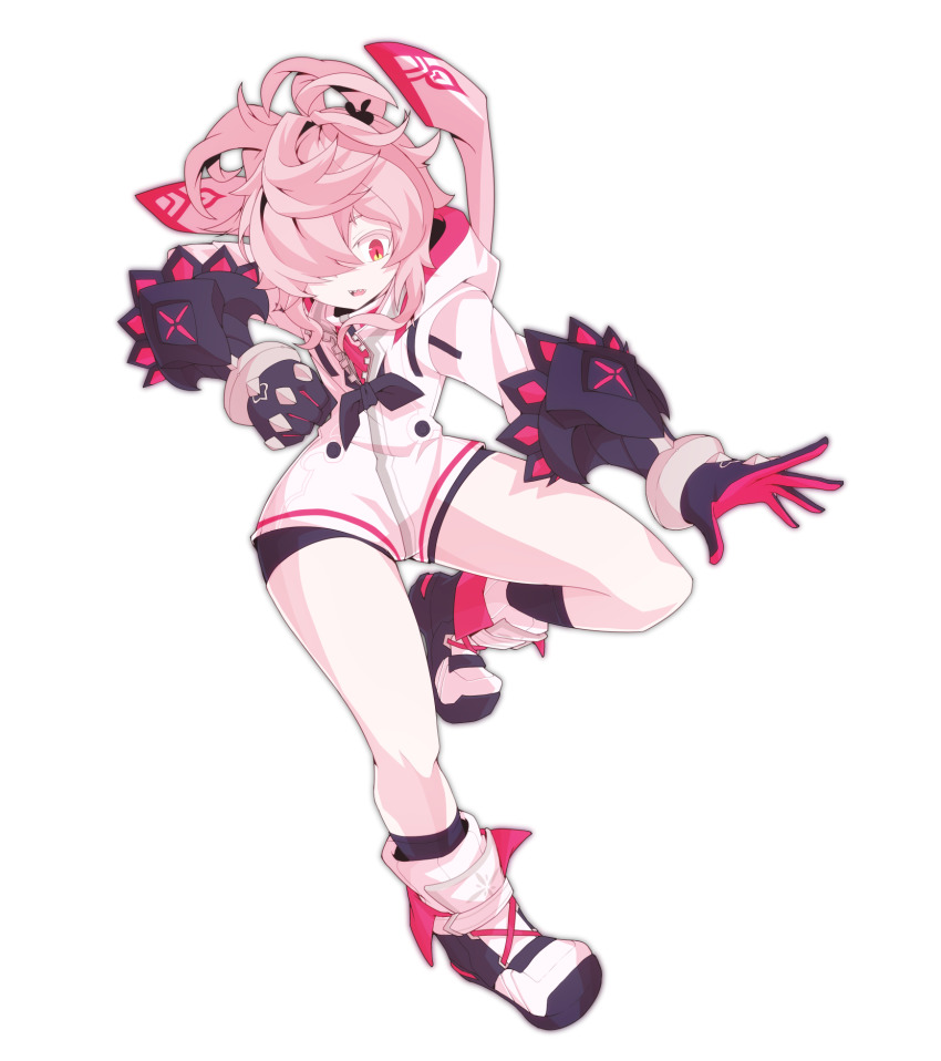 1girl, elsword, female_focus, gauntlets, hair_over_one_eye, highres, hood, hooded_jacket, jacket, laby_(elsword), messy_hair, park_bandi, rumble_pumn_(elsword), sharp_teeth, solo, teeth, thighs