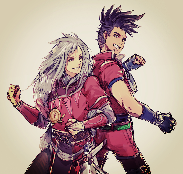 2boys, armor, bad_id, bad_pixiv_id, bead_necklace, beads, black_hair, cape, full_armor, fur_trim, gloves, head_wings, horns, jewelry, long_hair, looking_at_another, male_focus, multiple_boys, necklace, pendant, red_(saga_frontier), red_eyes, ribbon, rouge_(saga_frontier), saga, saga_frontier, scarf, sheath, sheathed, short_hair, siblings, single_horn, skirt, smile, tokusatsu, tori_(tokinohiyoko), twins, upper_body, very_long_hair, weapon, white_hair, wings