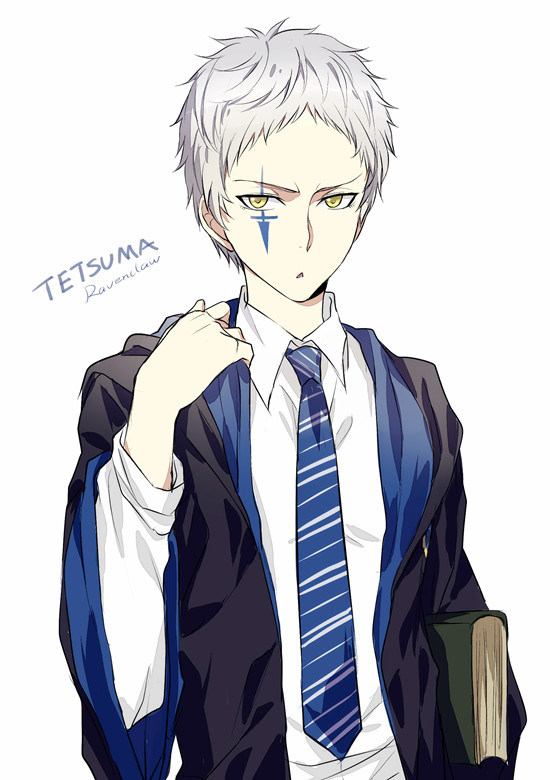 1boy, black_cape, blue_necktie, cape, collared_shirt, facial_mark, harry_potter_(series), hogwarts_school_uniform, holding, kusaribe_tetsuma, looking_at_viewer, male_focus, necktie, rena_(renasight), school_uniform, shirt, silver_hair, simple_background, solo, striped_clothes, striped_necktie, striped_neckwear, triangle_mouth, upper_body, white_background, white_shirt, wing_collar, wizarding_world, yellow_eyes, zetsuen_no_tempest