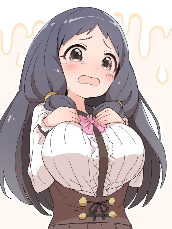 1girl, black_hair, blush, bow, breasts, brown_eyes, brown_skirt, center_frills, drooling, female_focus, forehead, frills, hands_on_own_chest, hands_up, idolmaster, idolmaster_cinderella_girls, large_breasts, long_hair, long_sleeves, looking_at_viewer, ohnuma_kurumi, open_mouth, pink_bow, saliva, shirt, sidelocks, skirt, solo, tadanoshi_kabane, tears, very_long_hair, white_shirt