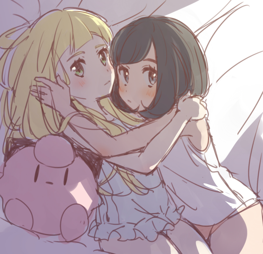 2girls, black_hair, blonde_hair, blue_eyes, blush, dress, eyebrows, green_eyes
