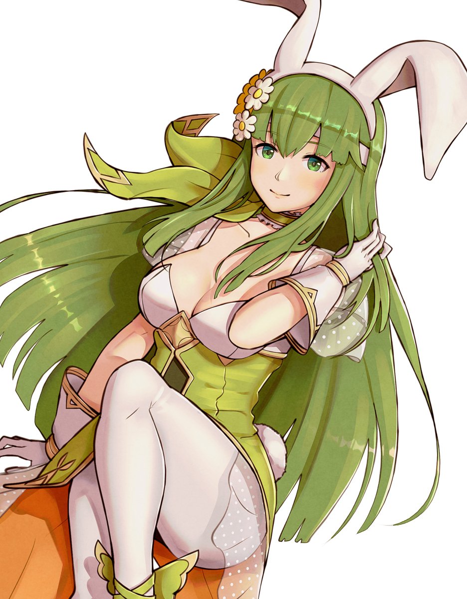 1girl, animal_ears, breasts, cleavage, closed_mouth, fake_animal_ears, fake_tail, female_focus, fire_emblem, fire_emblem:_mystery_of_the_emblem, fire_emblem_heroes, flower, gloves, gonzarez, green_eyes, green_hair, hair_flower, hair_ornament, highres, long_hair, medium_breasts, nintendo, palla_(fire_emblem), palla_(spring)_(fire_emblem), pantyhose, rabbit_ears, rabbit_tail, simple_background, smile, solo, tail, white_background, white_gloves, white_pantyhose
