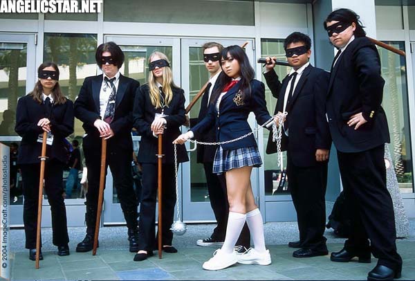 angelicstar, brown_hair, cosplay, crazy_88, east_asian, everyone, flail, gogo_yubari, kill_bill, long_hair, martial_arts, miniskirt, photo_(medium), photo_shoot, plaid_clothes, plaid_skirt, school_uniform, skirt, thighhighs, weapon, yaya_han