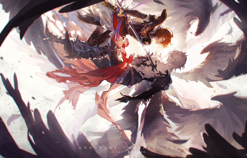 2boys, armor, blue_eyes, brown_hair, fingerless_gloves, gloves, granblue_fantasy, hair_between_eyes, highres, hood, hood_down, lucilius_(granblue_fantasy), male_focus, multiple_boys, multiple_wings, red_eyes, sandalphon_(granblue_fantasy), seraph, short_hair, shoulder_armor, sword, uwro, weapon, white_hair, wings