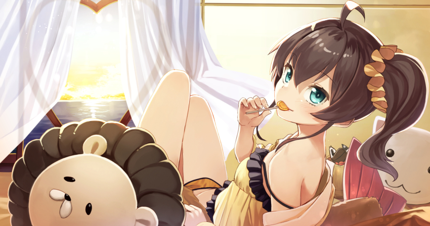 1girl, ahoge, animal-shaped_pillow, bed, blue_eyes, breasts, brown_hair, candy