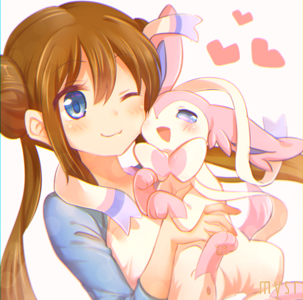 1girl, ;3, blue_eyes, blush, brown_hair, closed_mouth, double_bun, gen_6_pokemon