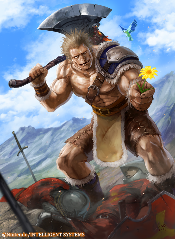 1boy, abs, axe, belt, bird, boots, brown_hair, cloud