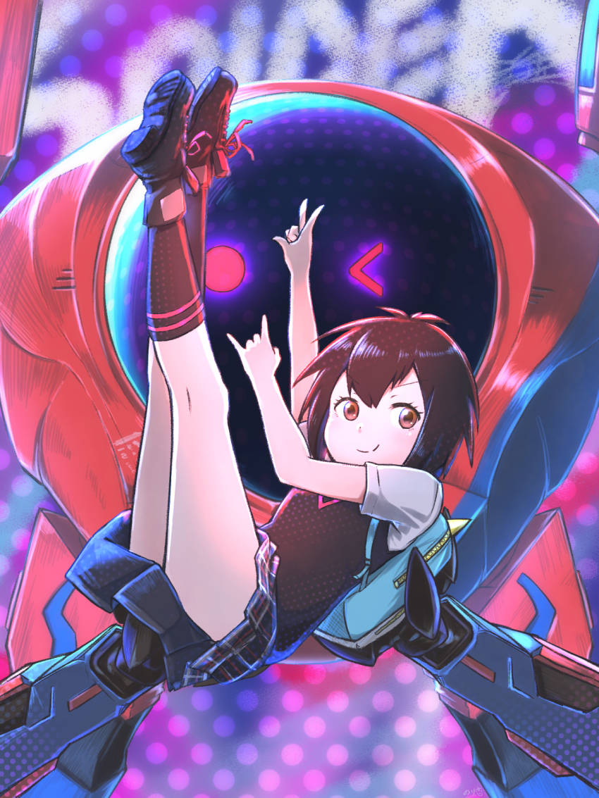 1girl, arms_up, backpack, bag, black_footwear, black_hair, black_legwear, brown_eyes, carrying, highres, kneepits, legs_up, looking_at_viewer, m/, marvel, mecha, multicolored_background, norikoi, peni_parker, pleated_skirt, polka_dot, polka_dot_background, princess_carry, robot, school_uniform, short_hair, skirt, smile, socks, sp//dr, spider-man:_into_the_spider-verse, spider-man_(series), spider-verse, vest