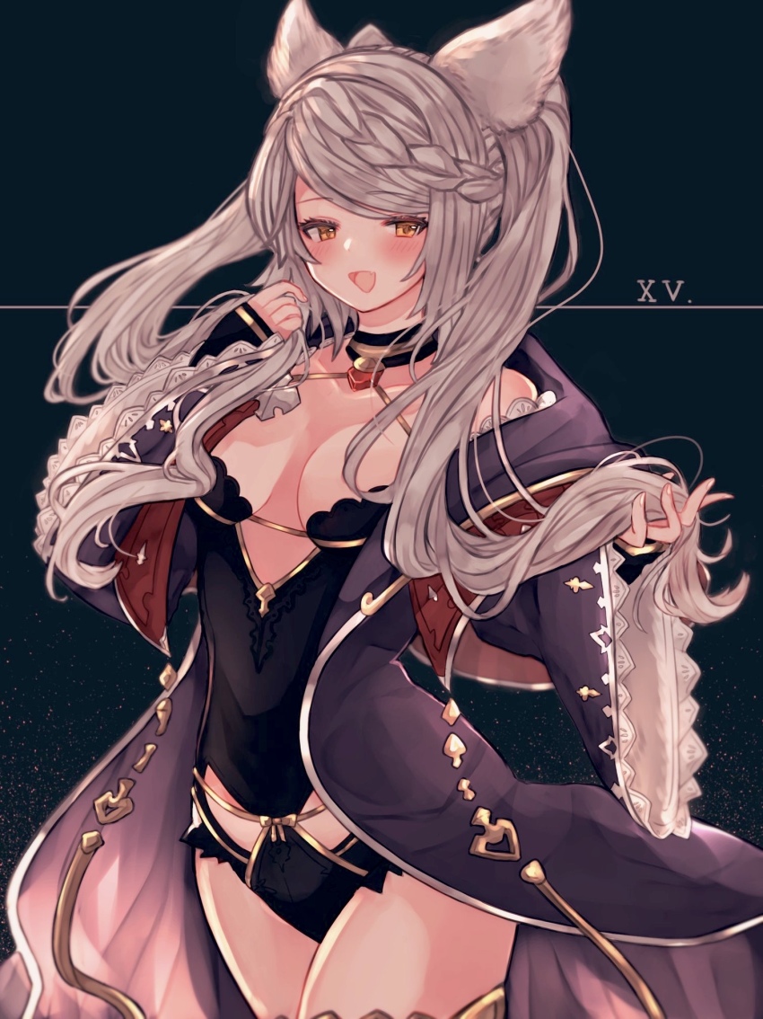 1girl, animal_ears, braid, braided_bangs, erune, fang, female_focus, fraux