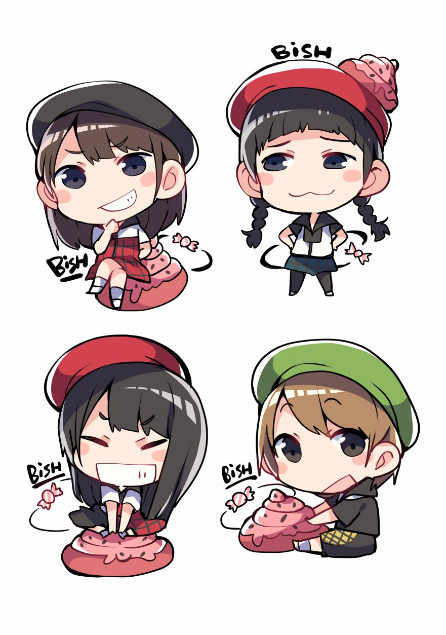 4girls, :3, :d, beret, bish, black_eyes, black_hair, black_legwear