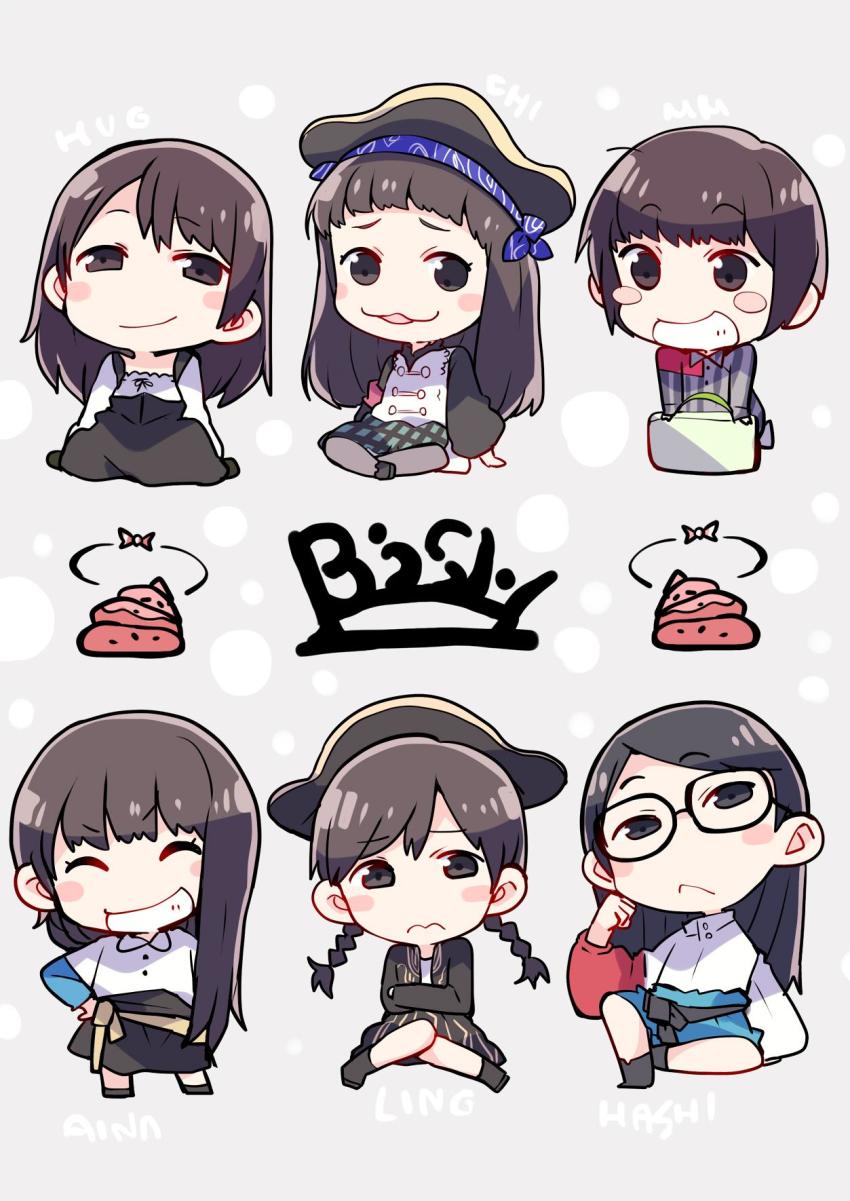 3:, 6+girls, :3, ^_^, bandana, bish, black_dress, black_eyes, black_hair, black_headwear, black_skirt, blue_skirt, blush_stickers, brown_hair, character_name, chibi, closed_eyes, commentary_request, crossed_arms, dress, frown, glasses, grey_background, grey_legwear, grin, group_name, half-closed_eyes, hat, highres, long_hair, long_sleeves, multiple_girls, pantyhose, pinafore_dress, pirate_hat, poop, real_life, shirt, short_hair, skirt, sleeveless_dress, smile, standing, striped, suitcase, taneda_yuuta, vertical_stripes, white_shirt