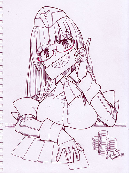 1girl, azur_lane, ballpoint_pen_(medium), blunt_bangs, breasts, female_focus, garrison_cap, glasses