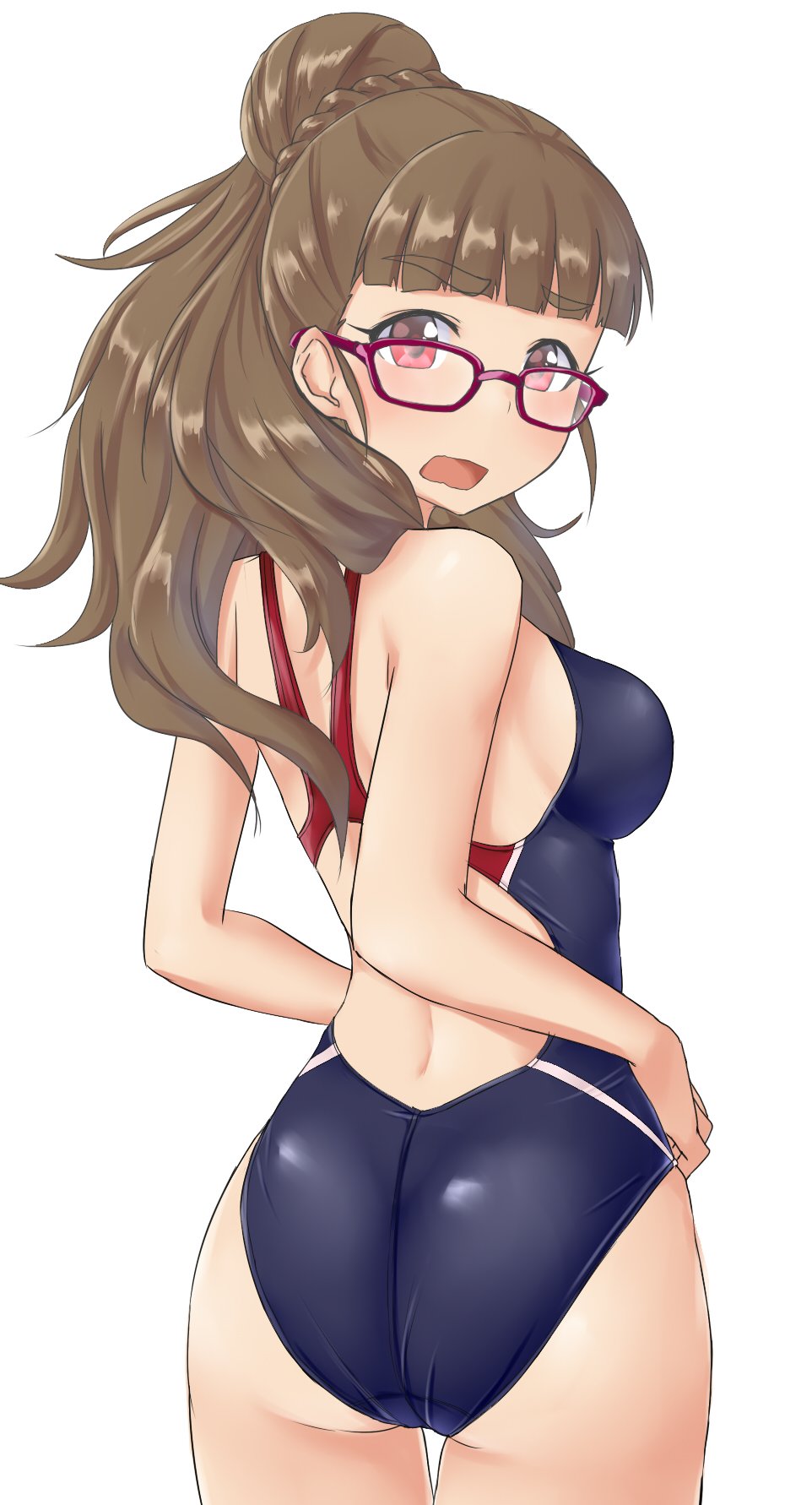 1girl, aimobake, ass, back, bad_id, bad_twitter_id, bespectacled, blue_one-piece_swimsuit