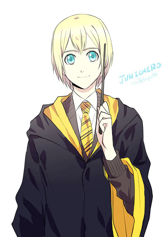 1boy, black_cape, blonde_hair, blue_eyes, brown_sweater, cape, character_name, collared_shirt, hanemura_megumu, harry_potter_(series), hogwarts_school_uniform, holding, holding_wand, long_sleeves, looking_at_viewer, male_focus, necktie, rena_(renasight), school_uniform, shirt, simple_background, smile, solo, striped_clothes, striped_necktie, striped_neckwear, sweater, wand, white_background, white_shirt, wing_collar, wizarding_world, yellow_necktie, zetsuen_no_tempest