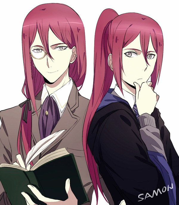 2boys, black_ribbon, blue_neckwear, book, character_name, collared_shirt, feathers, grey_eyes