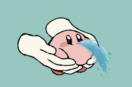 aqua_background, black_eyes, blush_stickers, disembodied_hand, fish_spitting_water, holding, kirby, kirby_(series), meme, mikan_38knight, nintendo, puffer_fish_vomiting_water_(meme), simple_background, solo, water