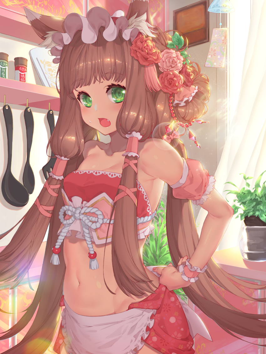 1girl, animal_ear_fluff, animal_ears, apron, armpits, belly, blunt_bangs, blush, breasts, cleavage, closed_mouth, commentary_request, cowboy_shot, day, fang, female_focus, fox_ears, green_eyes, hair_ornament, hair_tubes, highres, hime_cut, indoors, kitchen, long_hair, looking_at_viewer, maho_(princess_connect!), navel, open_mouth, picture_frame, princess_connect!, small_breasts, solo, standing, very_long_hair, waterring