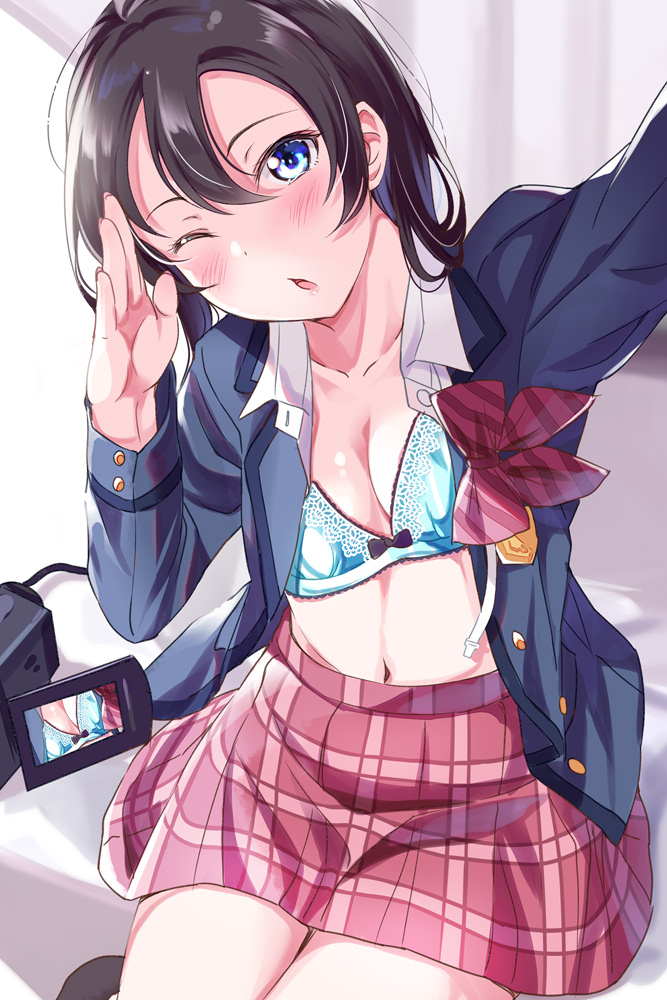 1girl, ;o, badge, black_hair, blazer, blue_bra, blue_eyes, blue_jacket, blush, bow, bowtie, bra, breasts, cleavage, collared_shirt, female_focus, jacket, long_sleeves, looking_at_viewer, love_live!, love_live!_sunshine!!, love_live!_sunshine!!_the_school_idol_movie_over_the_rainbow, medium_hair, navel, numazu_high_school_uniform, numazu_school_uniform, one_eye_closed, open_clothes, open_jacket, open_shirt, plaid_clothes, plaid_skirt, reaching, reaching_towards_viewer, red_bow, red_bowtie, red_skirt, salute, selfie, shirt, sitting, skirt, small_breasts, solo, tipii, underwear, undone_bowtie, video_camera, watanabe_tsuki, white_shirt
