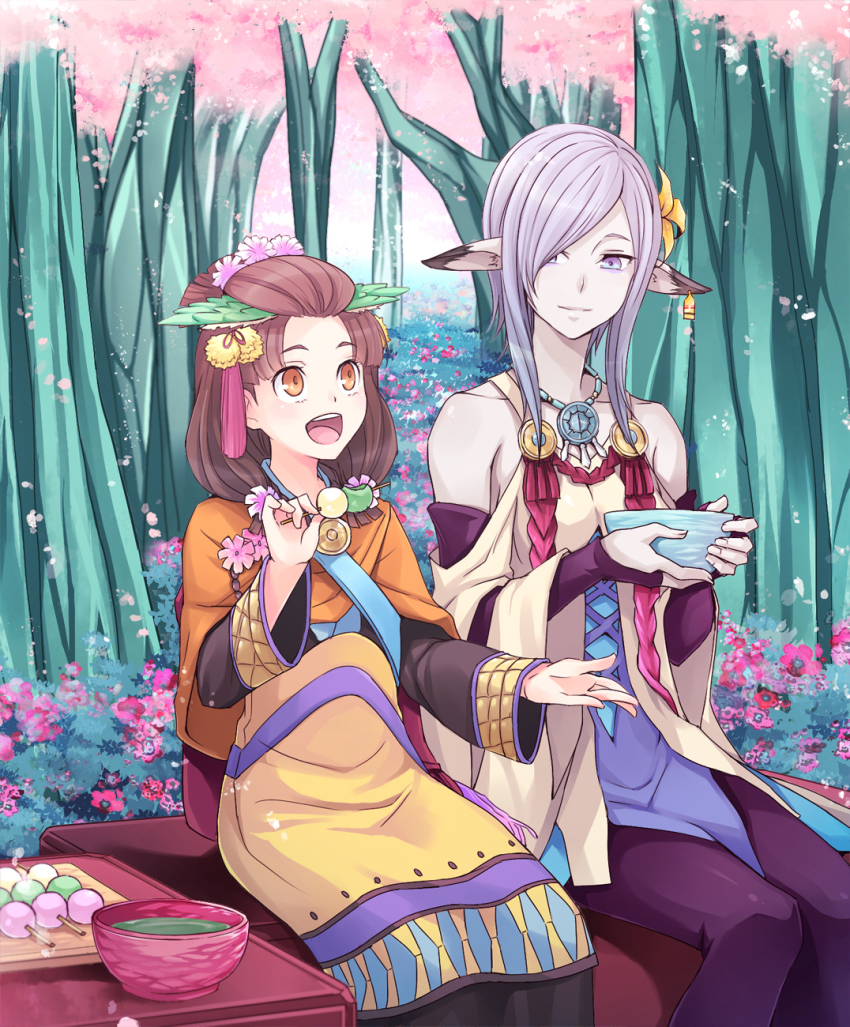 2girls, animal_ears, bad_id, bad_pixiv_id, bare_shoulders, black_legwear, bowl, bridal_gauntlets