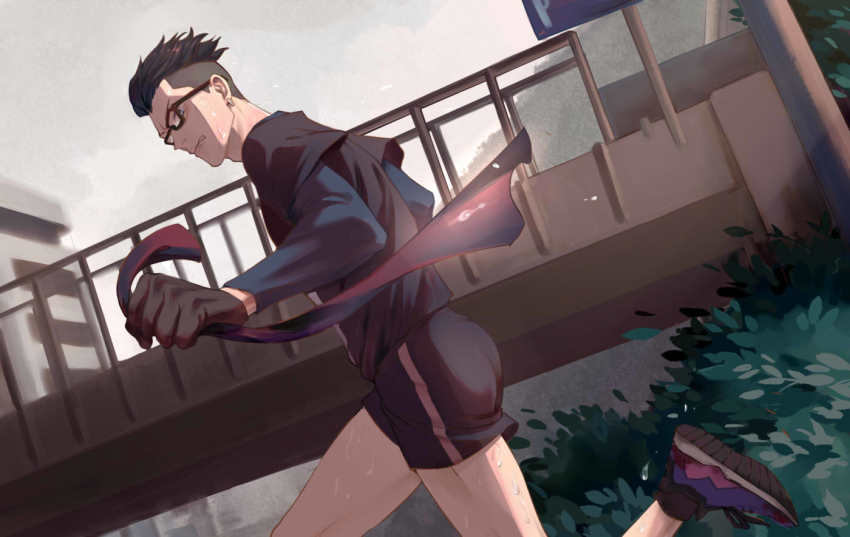 1boy, artist_request, black-framed_eyewear, black_gloves, black_hair, black_shirt, bridge, bush, day, dutch_angle, earrings, frown, glasses, gloves, grey_sky, jewelry, kaze_ga_tsuyoku_fuiteiru, looking_at_viewer, male_focus, outdoors, running, shirt, shoes, shorts, sky, sneakers, solo, sweat, yukihiro_iwakura