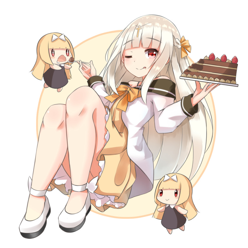 +_+, 3girls, :>, black_dress, blonde_hair, blush, blush_stickers, bow