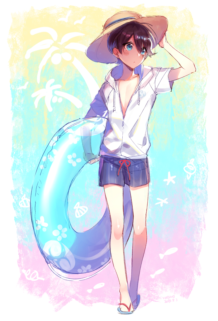 1boy, black_hair, blue_eyes, blue_male_swimwear, blue_swim_trunks, drawstring, earrings, flip-flops
