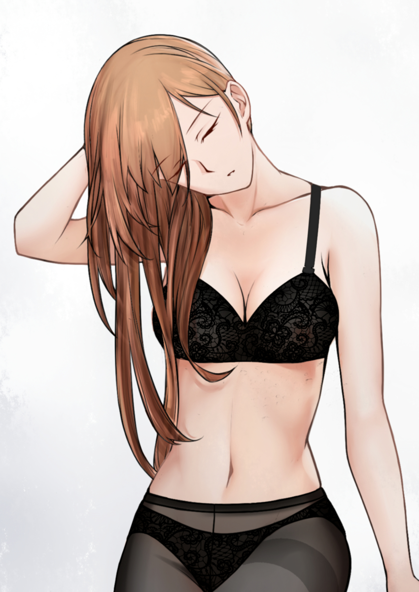 1girl, absurdres, black_bra, black_panties, bra, breasts, brown_hair, collarbone, commentary, english_commentary, eyebrows, girls'_frontline, highres, large_breasts, lingerie, long_hair, macayase, panties, pantyhose, parted_lips, springfield_(girls'_frontline), underwear