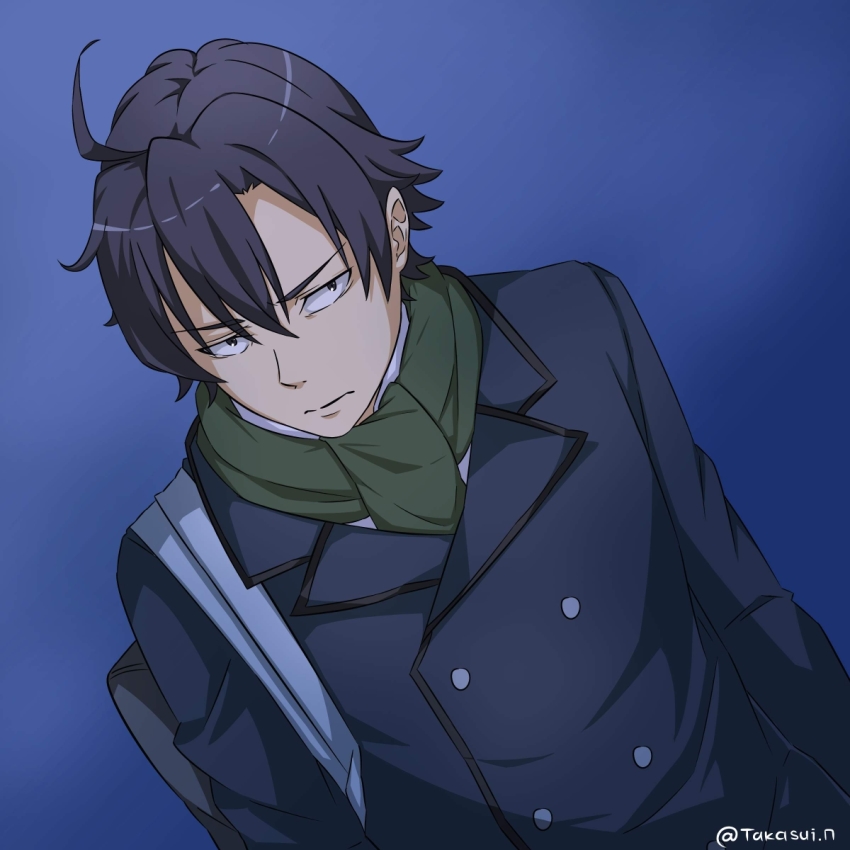 1boy, bag, black_eyes, black_hair, blue_background, highres, hikigaya_hachiman, jacket