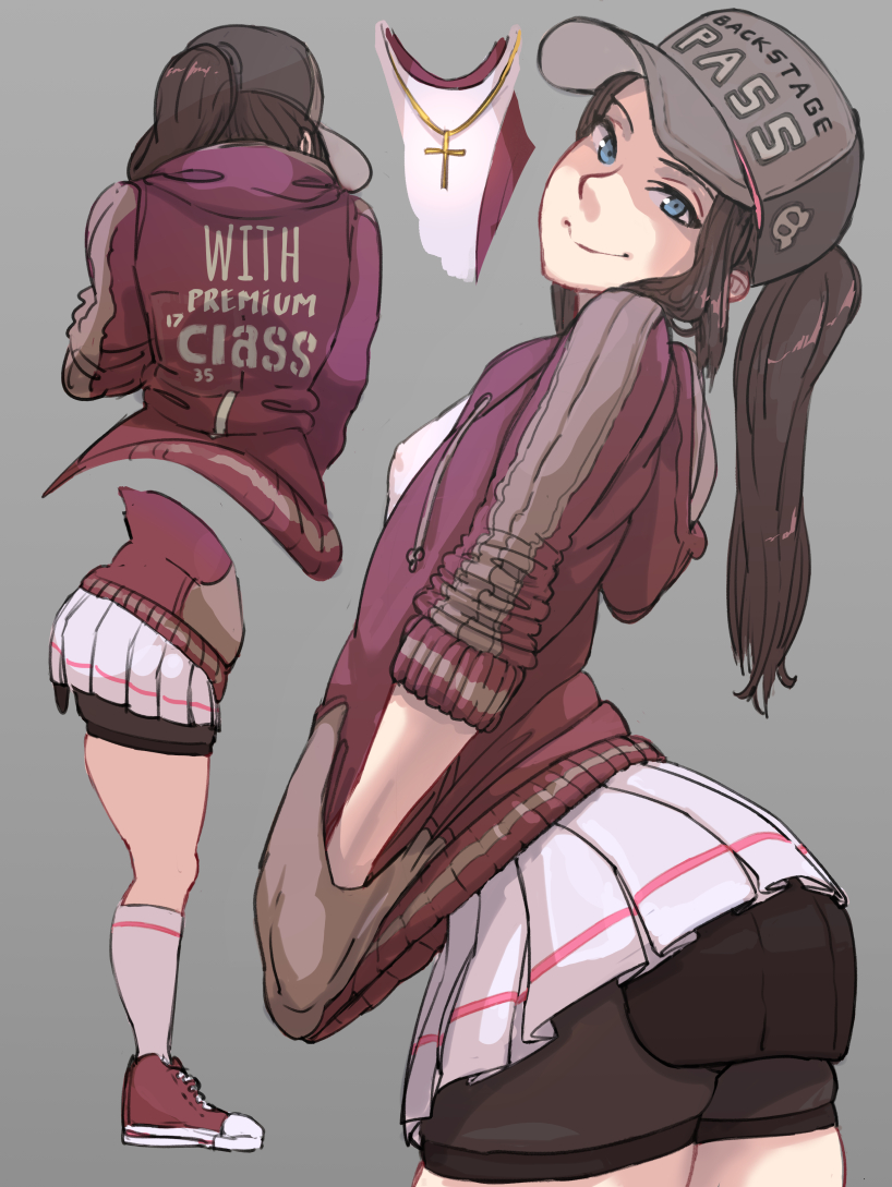 1girl, bike_shorts, blue_eyes, blush, breasts, brown_hair, casual, covered_erect_nipples